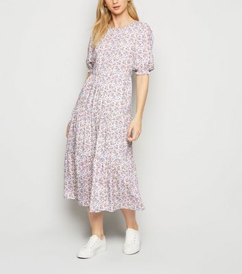 Blue Floral Puff Sleeve Tiered Midi Dress | New Look